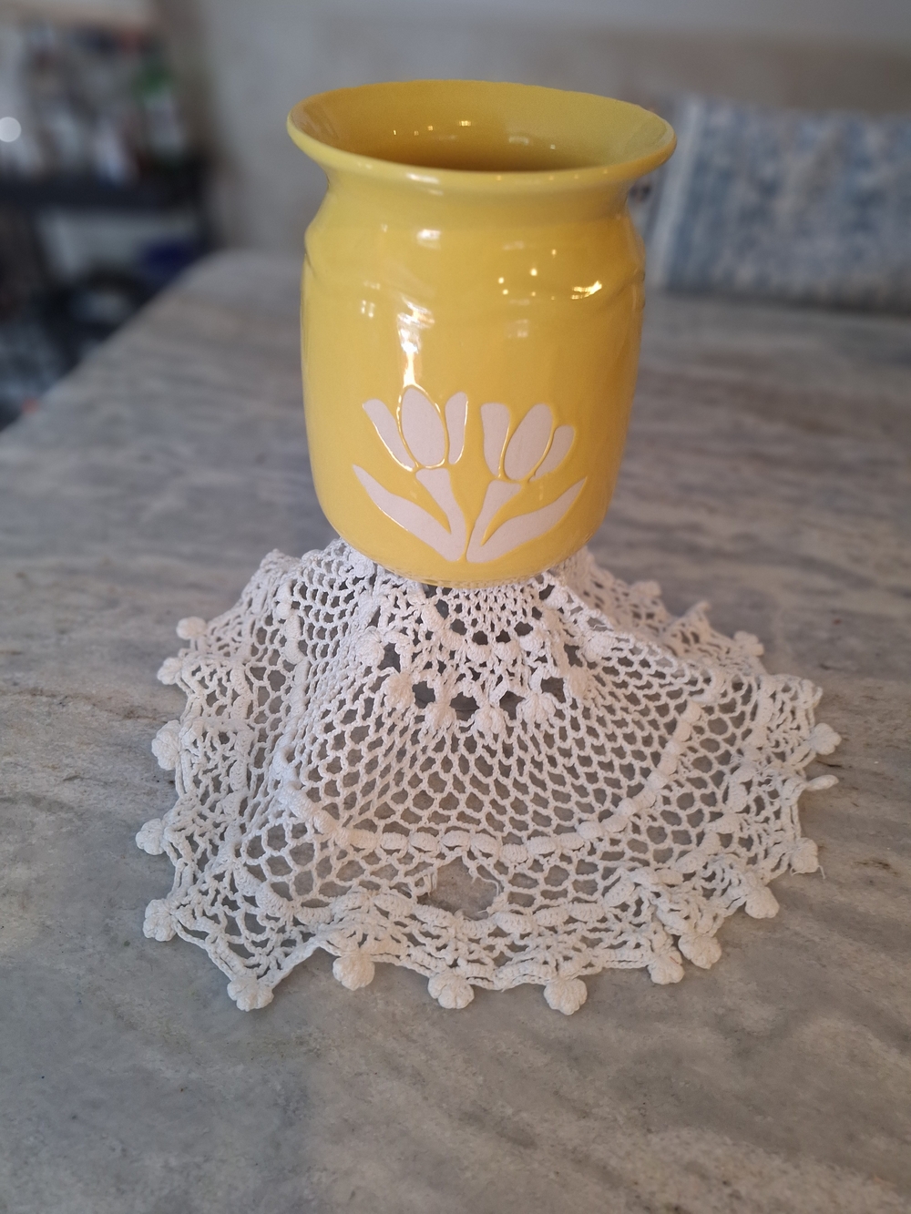 Home Essentials Yellow Ceramic Vase with White Tulip Motif